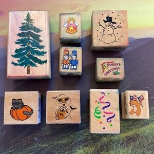 Lot of Vintage Holiday Wood Mounted Stamps Christmas Halloween 4th of July Bday